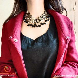 Woven Pearls and Stones Afghani Choker, Handmade Afghan Golden Tone Choker